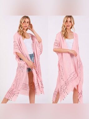 Light Pink Boho Fringe Stitch Design Open Duster Kimono Cover-Up Shawl